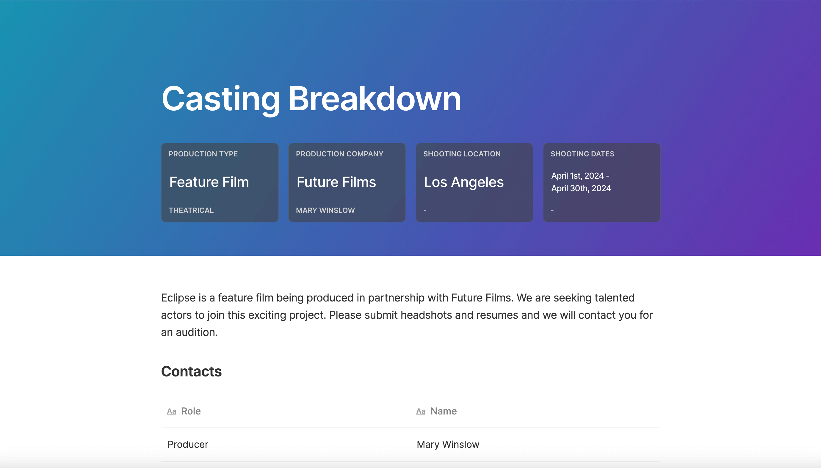 Casting Breakdown Template Assemble